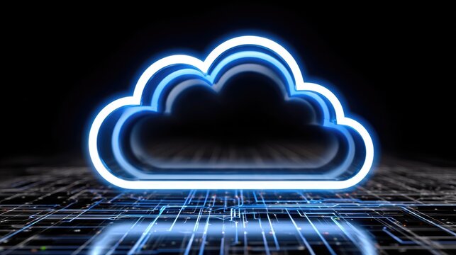 A vibrant neon cloud icon symbolizes cloud computing and digital data storage against a tech-inspired background. - Powered by Adobe