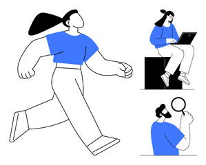 Confident woman walking, person analyzing with magnifying glass, and woman using laptop. Ideal for exploration, productivity, teamwork, research, progress innovation focus. Simple flat metaphor