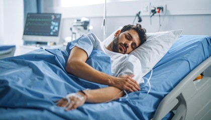 Man sleeping in hospital bed with medical equipment, recovering from illness