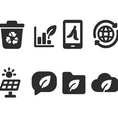 Eco Digital Icons. Solid style icons of eco-friendly digital tools: recycle bin, energy efficiency graph, digital composting,