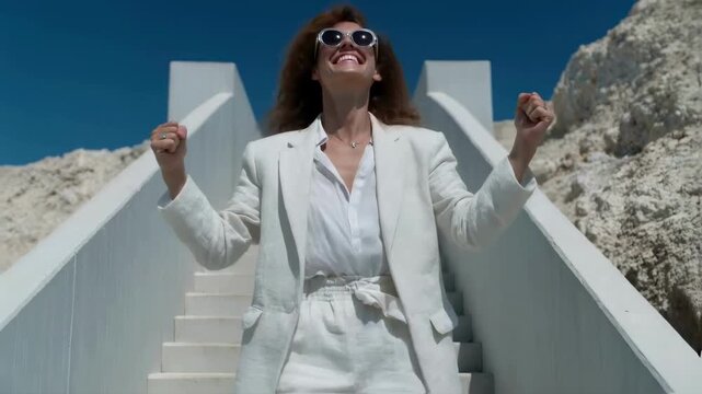 Happy woman raises her arms in celebration at the top of a staircase, symbolizing success, freedom, and achieving a goal, a concept of personal victory and happiness