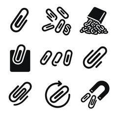 Obraz premium Dynamic Paper Clips. Solid style icons of paper clips in motion: falling clip, scattered clips, spilled clip pile, tossed clip,