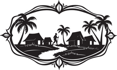 Traditional Village Silhouette Scenery with Huts, Palm Trees & Farmers
