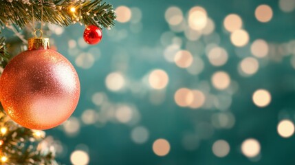 Colorful ornament hanging on a Christmas tree with blurred background
