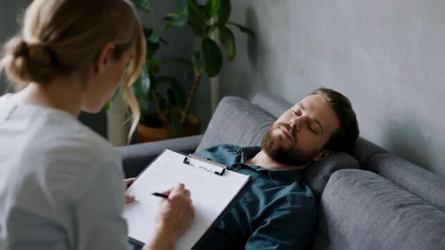 Man lying on a couch during a psychotherapy or hypnosis session while a female therapist takes notes, a concept for mental health treatment, subconscious exploration, and counseling