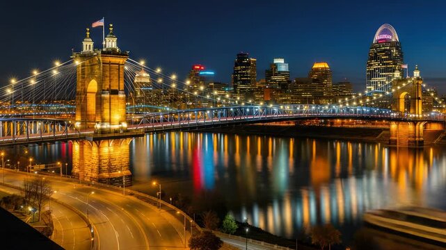 Cincinnati urban cityscape scene at night with reflection of lights in the river