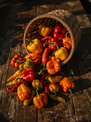 A basket tipped over spilling colorful peppers onto a weathered wooden table in bright sunlight