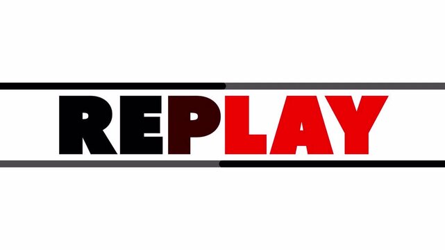 Replay text animation on white background for sports and games, replay text for repeat or rewind the action or process.