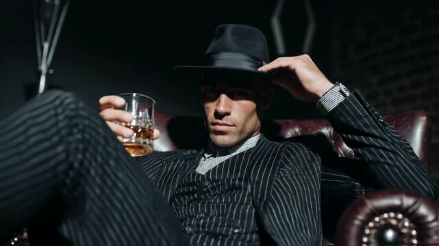 Confident man in a fedora and vintage suit holding a glass of whiskey, embodying a classic gangster or mafia boss style, a concept for cinematic storytelling and power