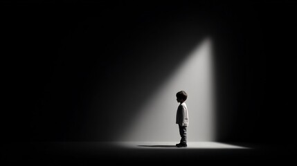 A contemplative young boy stands in spotlight, symbolizing hope and future