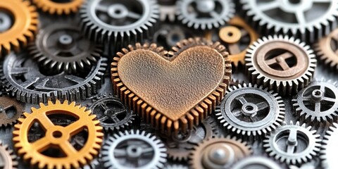 Intricate Steampunk Heart Design Featuring Cogwheels, Gears, and Detailed Metal Mechanisms Artwork