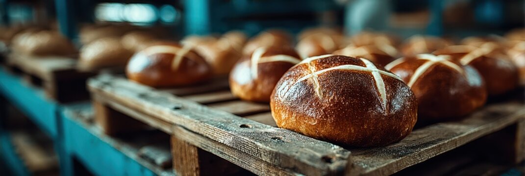 Freshly baked bread rolls cooling on wooden racks in a rustic bakery during the morning hours