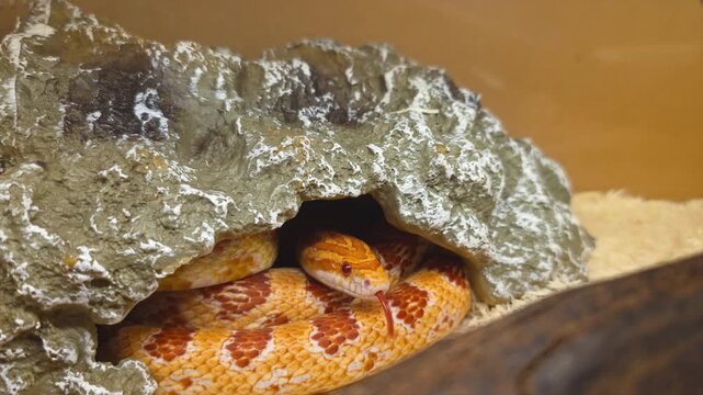 Amel Corn Snake Hiding in a Rock Cave