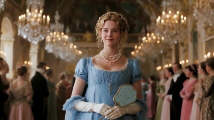 Elegant young lady in a regency-era gown walking through a crowded ballroom, a scene for historical dramas, period romance novels, and high society storytelling