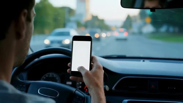 Man using a smartphone with a blank white screen while driving a car, a dangerous scene illustrating distracted driving, technology addiction, and risks of texting on the road