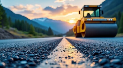 Road roller on scenic mountain road at sunset