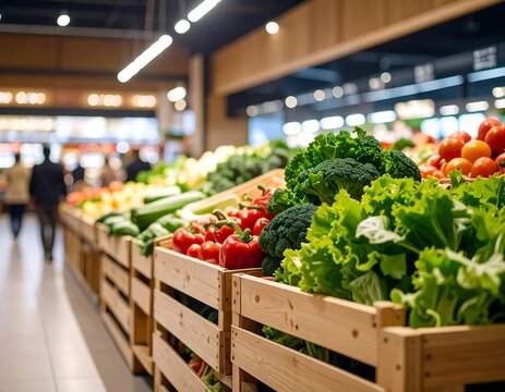 Wooden crates overflowing with fresh produce fill a supermarket aisle
