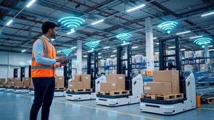 Engineer using a tablet to manage autonomous guided vehicles with wi-fi icons in a smart warehouse, a concept for logistics, supply chain automation, and industry 4.0 technology - Powered by Adobe