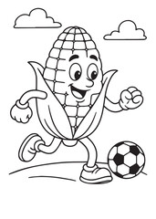 Coloring book corn playing soccer outdoors with a happy face and a ball.