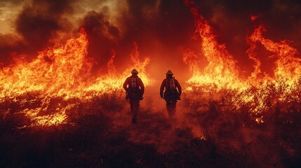 Courageous firefighters battle roaring flames in a raging wildfire, amidst thick smoke and fiery landscape