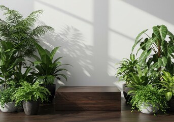 Indoor plants on wooden platform with sunlight shadows