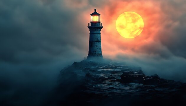 Majestic Lighthouse Illuminated by Sunset, Guiding Ships Through Foggy Waters and Rugged Coastline