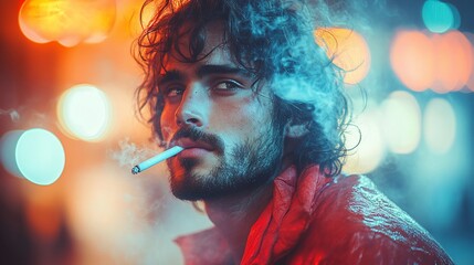 Portrait of a brooding man with curly hair and a beard smoking a cigarette. Colorful blurred lights in background