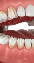 Close-up view of teeth with discoloration and dental floss.