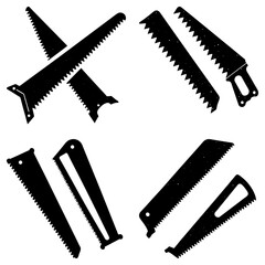 Illustration showcasing a collection of various hand saws with different blade shapes and handle designs shown