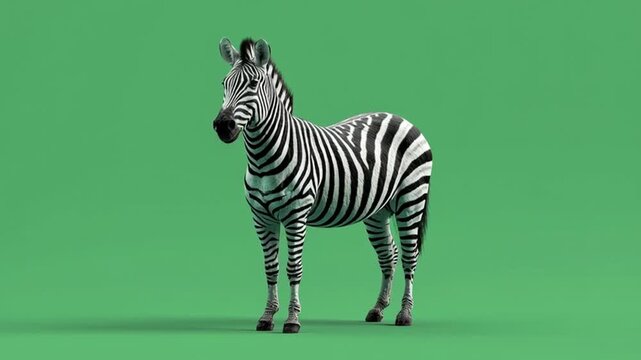 A zebra standing in full view against a solid green background in a studio setting, isolated green screen animal video