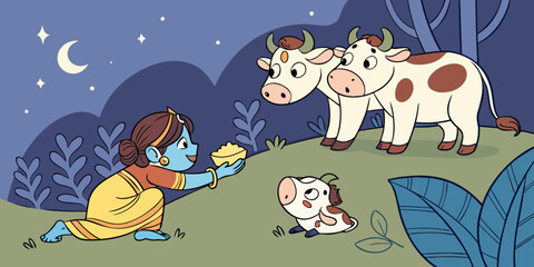 Blue skinned child offers food to cows under the night sky