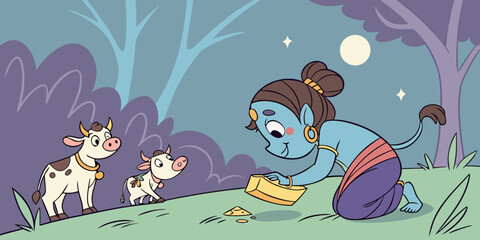 Blue skinned child interacts with cows in a whimsical night scene