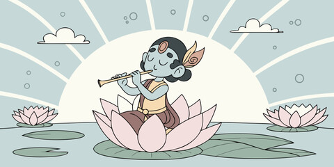 Charming depiction of krishna playing the flute on a lotus flower in a serene pond