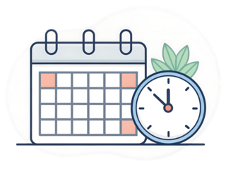 Calendar and clock with plant isolated on a transparent background time date