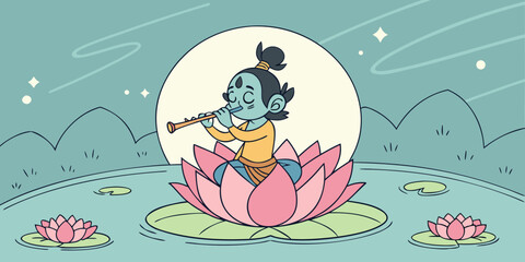 Cute krishna plays flute on a lotus flower