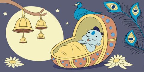 Baby krishna sleeping peacefully in a cradle with peacock feathers and bells