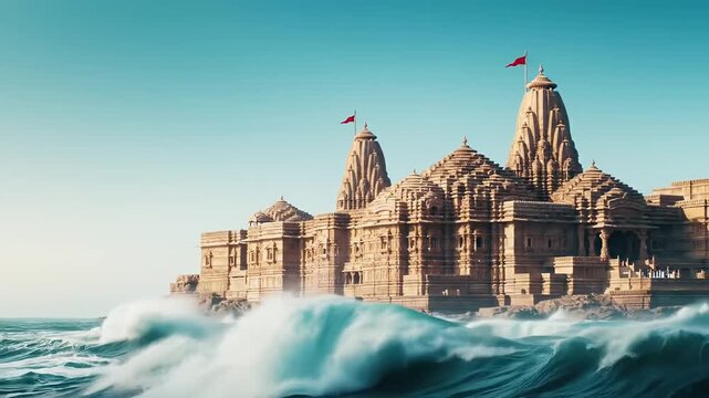 Somnath Temple Gujarat Coast Waves Crashing