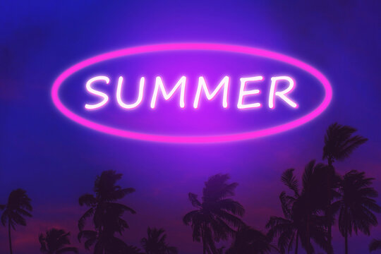 Neon "SUMMER" Sign with Palm Trees at Dusk