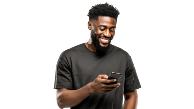 Smiling man using smartphone on transparent background