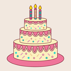 Celebration three tiered cake with candles vector for birthdays or special occasions design element