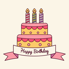 Delightful birthday cake illustration with candles and festive ribbon, perfect celebration graphic