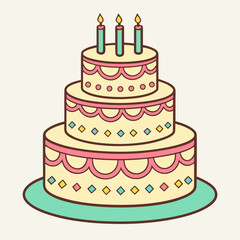 Three tier birthday cake with candles, sweet celebration and festive party dessert design element