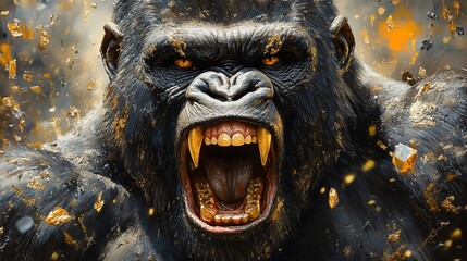 Close-up of a ferocious gorilla roaring, showing teeth, fur, and angry, intense eyes.  Debris scatters in background
