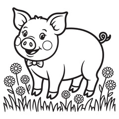 Happy Farm Pig Standing in Grass Wearing Bow Tie Coloring Page