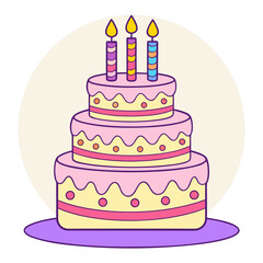 Delicious three tier birthday cake with lit candles perfect for celebration and festive occasions