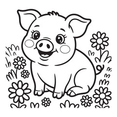Cute Baby Piglet Sitting Among Flowers Farm Animal Coloring Page
