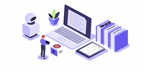 Robot and person interacting with technology and books