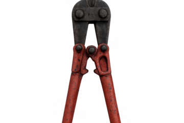 Red bolt cutters opening on a transparent background, showcasing their sharp metal blades and sturdy handles, ready for cutting tasks