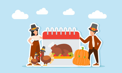 Man and woman wearing hats near a calendar showing roast turkey beside a pile of pumpkins and some turkeys with hats illustration for Thanksgiving appreciation