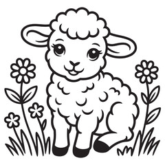Happy Cartoon Lamb with Curly Wool and Sweet Smile Line Art for Kids Coloring Page © Kazal